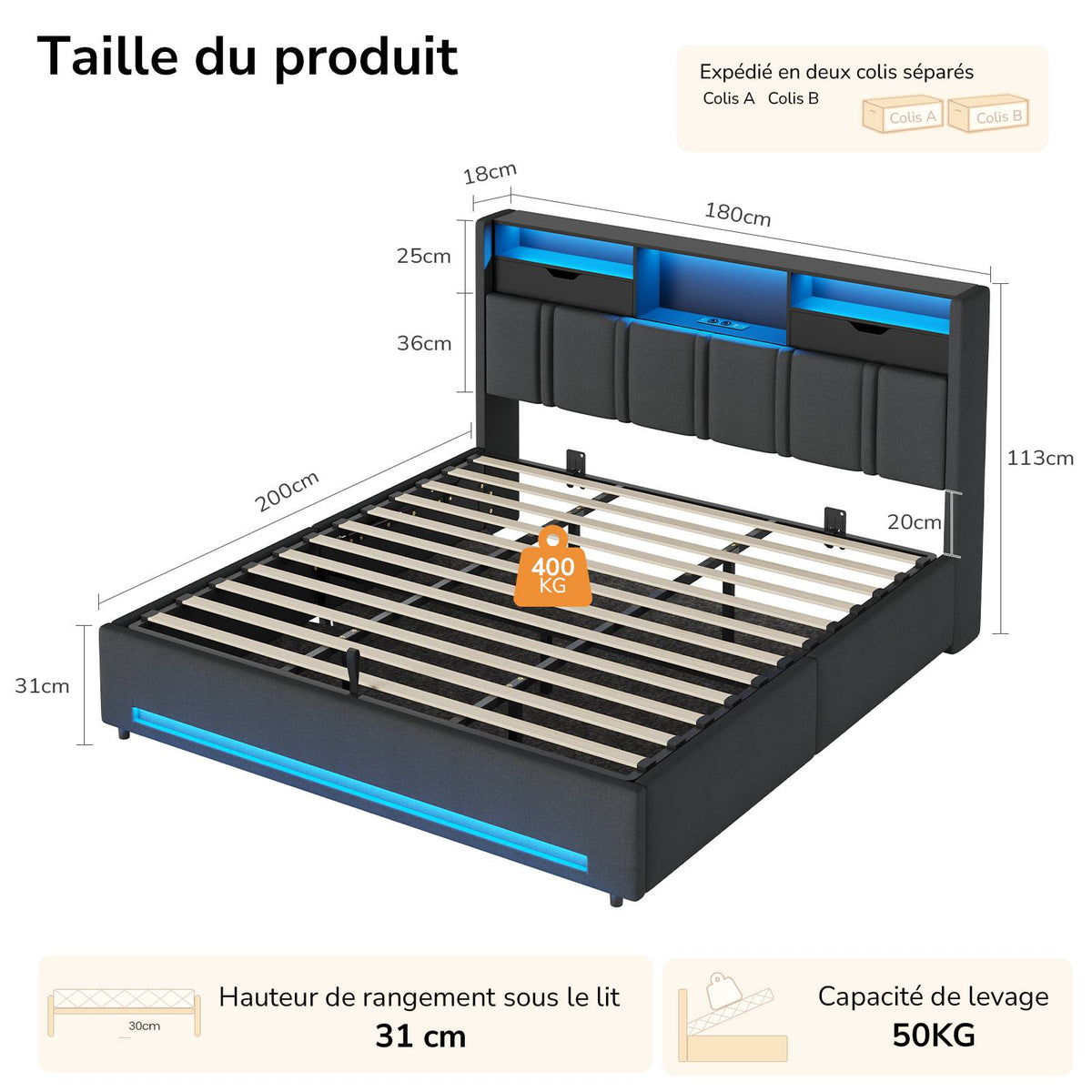 DICTAC Lit Coffre Entièrement Rembourré Gris avec Rangement Sommier Relevable à Vérin Tête de lit LED Prises USB Type C