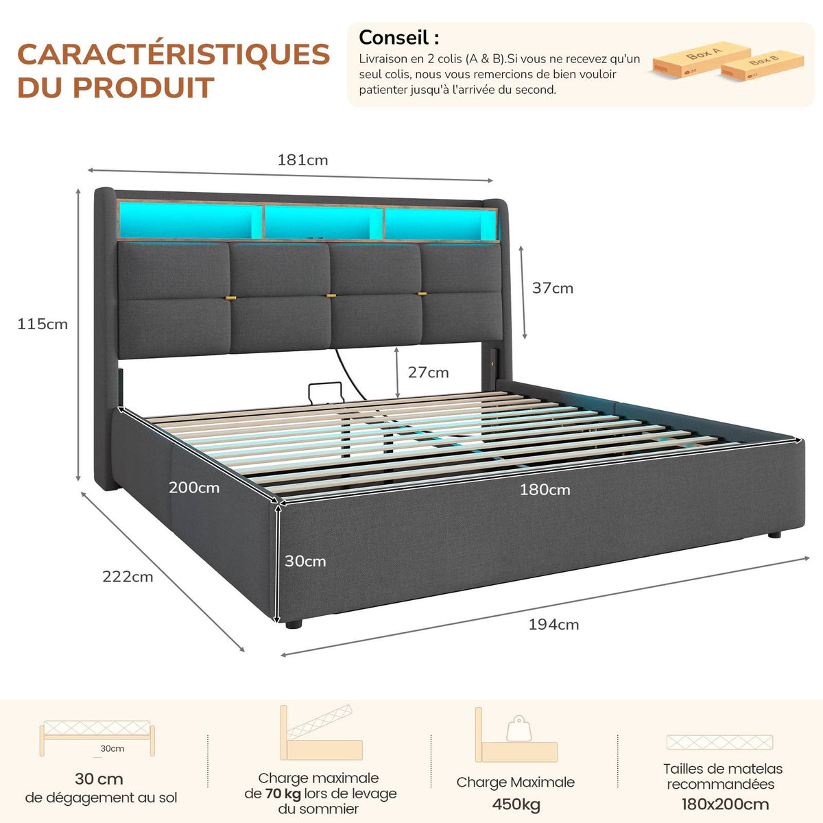 DICTAC Lit Coffre avec Sommier Lumières LED et Prise Cadre de Lit avec Rangement lit 2 Personnes avec Tete de Lits