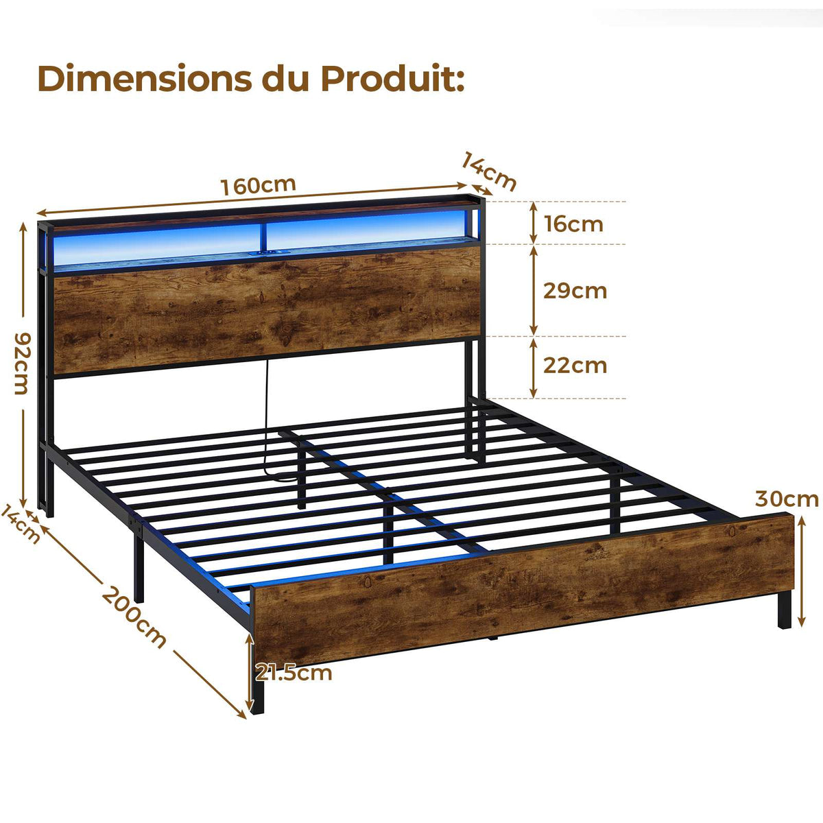 DICTAC Lit 160x200 en Métal Lits 2 Personnes avec tête LED et 2Ports USB et Prise de Courant Cadre de lit avec tête et pied de lits en bois
