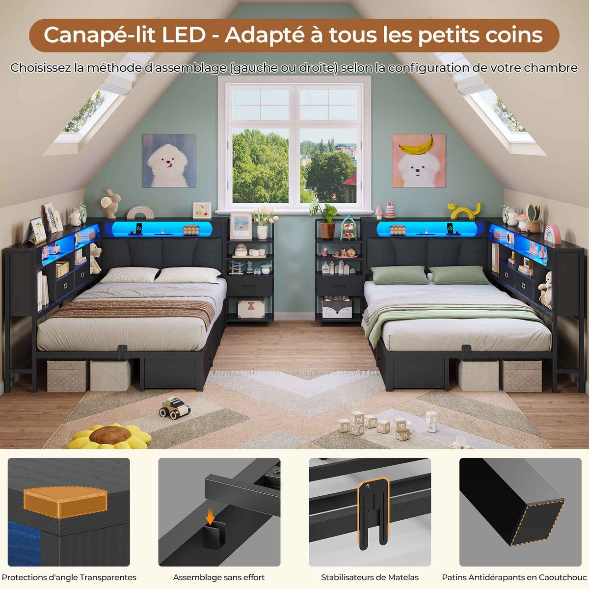 DICTAC Lit en L Banquette Lit 1 Place avec Tête de Lit Capitonnée Rangement Secret Table de Nuit Intégrée LED RGB  Recharge