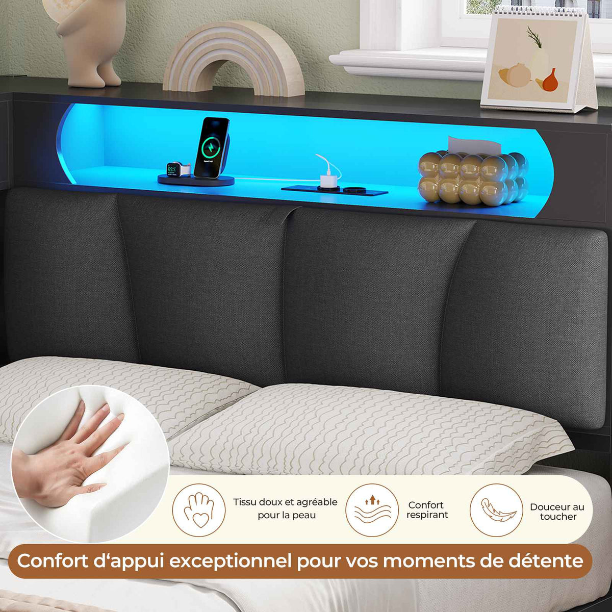 DICTAC Lit en L Banquette Lit 1 Place avec Tête de Lit Capitonnée Rangement Secret Table de Nuit Intégrée LED RGB  Recharge