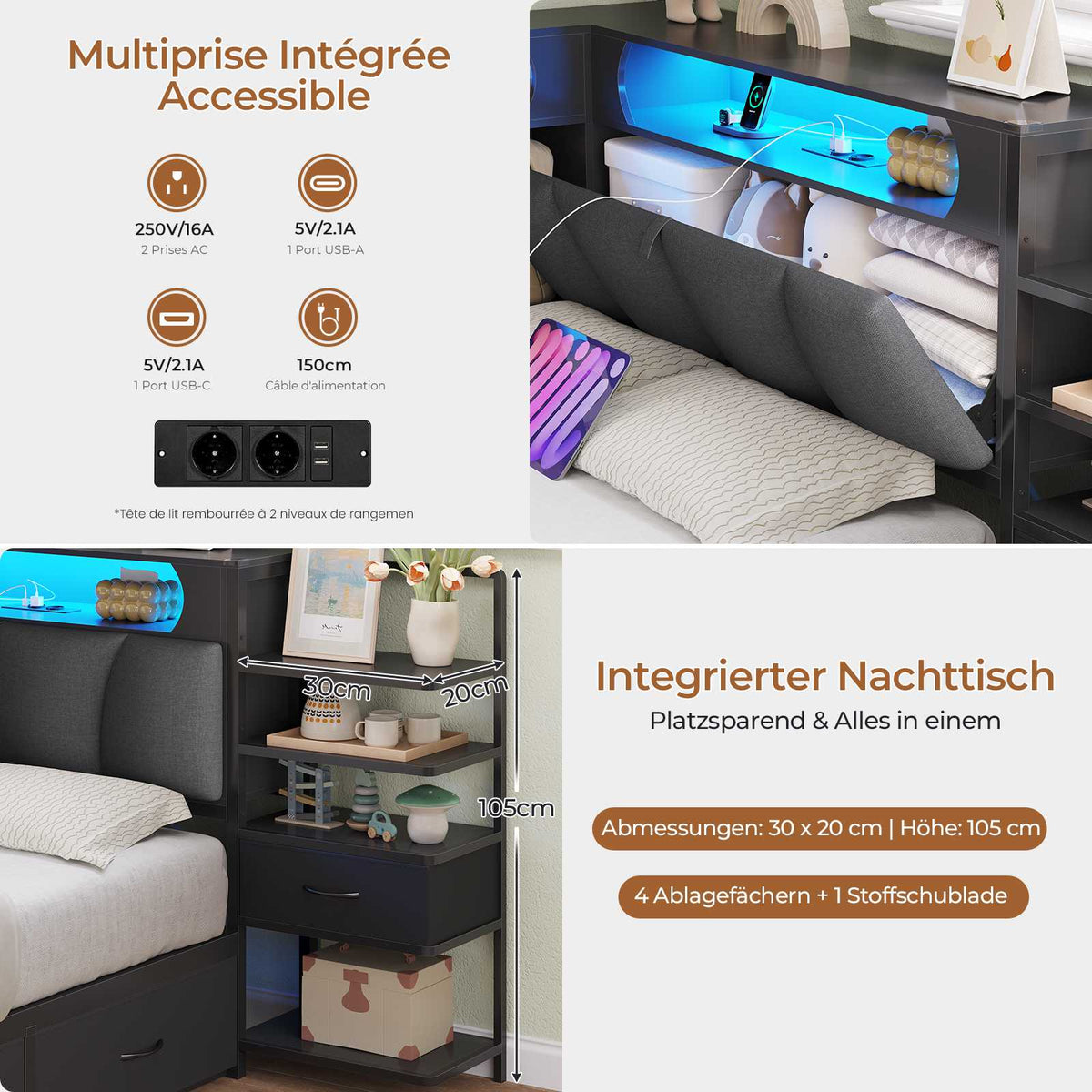 DICTAC Lit en L Banquette Lit 1 Place avec Tête de Lit Capitonnée Rangement Secret Table de Nuit Intégrée LED RGB  Recharge