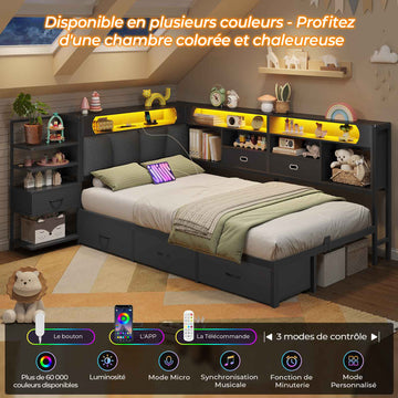 DICTAC Lit en L Banquette Lit 1 Place avec Tête de Lit Capitonnée Rangement Secret Table de Nuit Intégrée LED RGB  Recharge