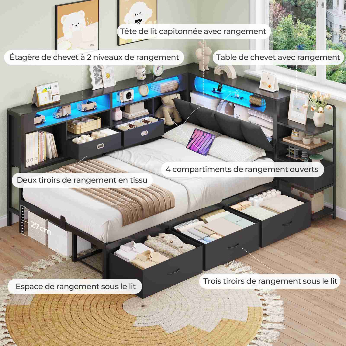 DICTAC Lit en L Banquette Lit 1 Place avec Tête de Lit Capitonnée Rangement Secret Table de Nuit Intégrée LED RGB  Recharge