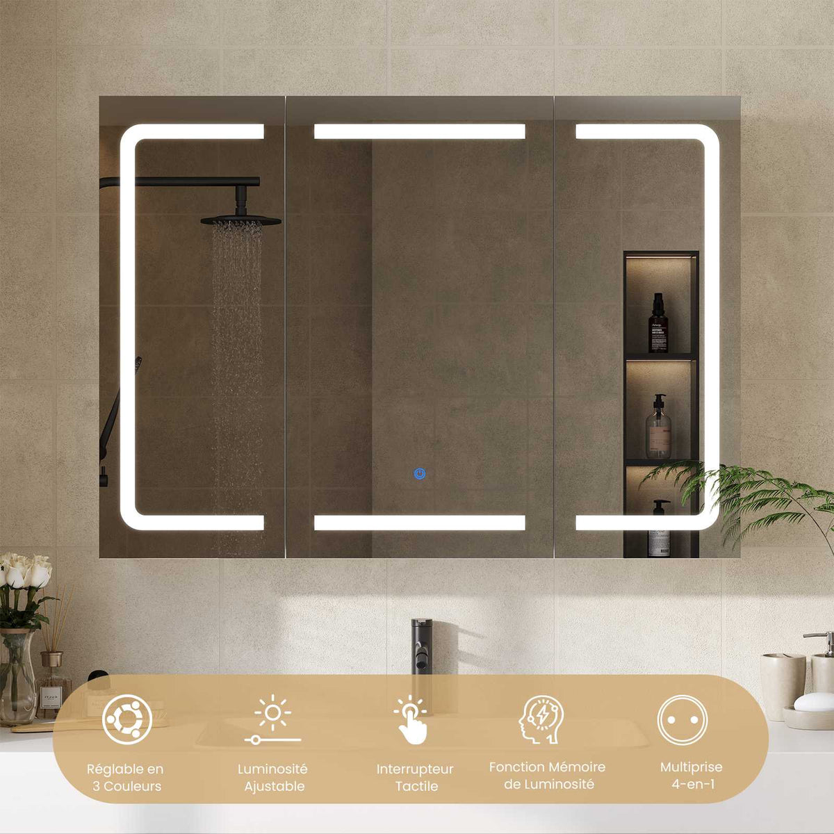 DICTAC Armoire de Toilette Miroir avec éclairage LED et Prise Meuble Salle de Bain avec Rangement et Étagère Réglable