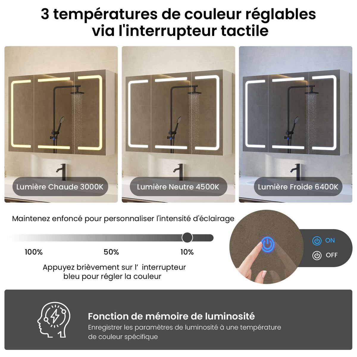 DICTAC Armoire de Toilette Miroir avec éclairage LED et Prise Meuble Salle de Bain avec Rangement et Étagère Réglable