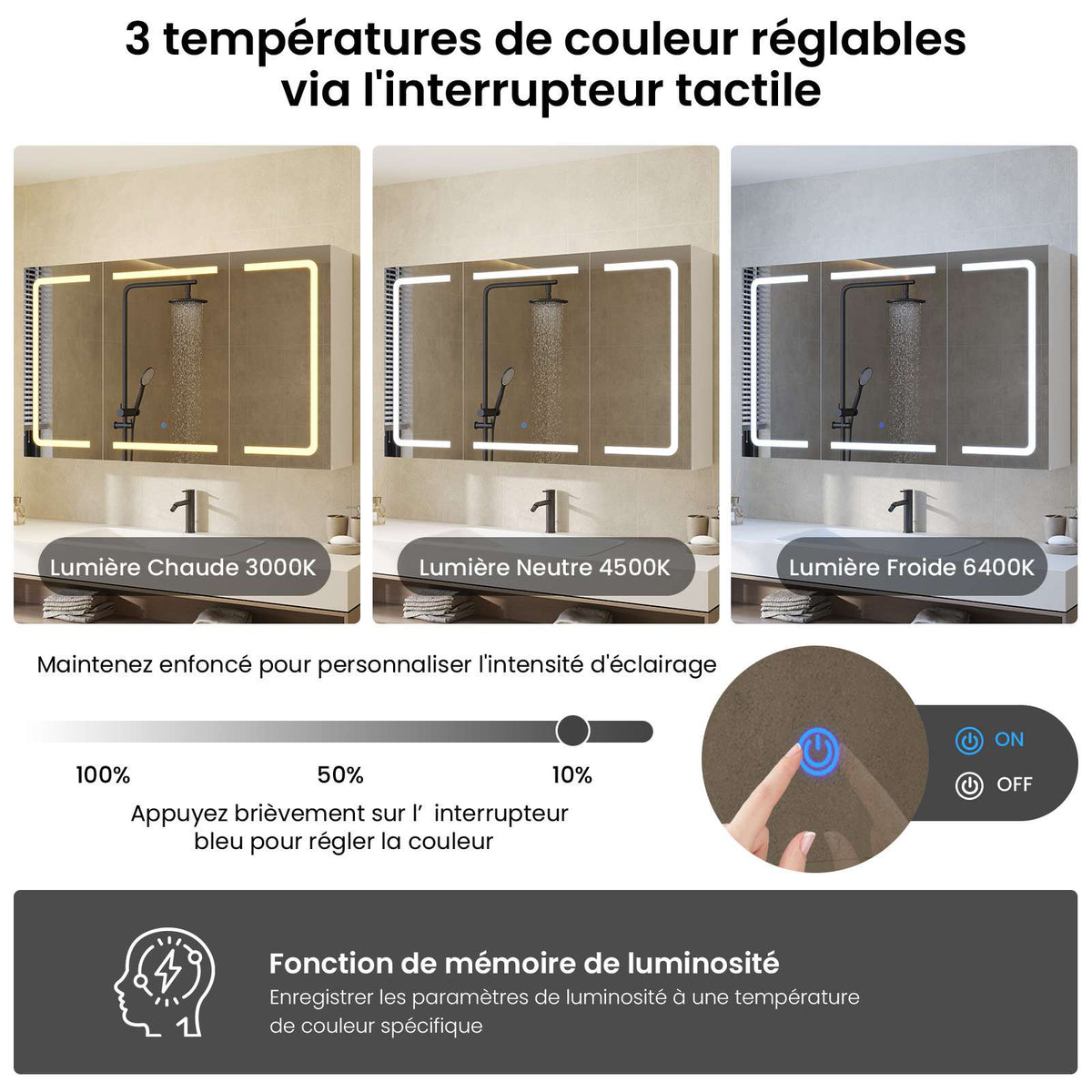 DICTAC Armoire de Toilette Miroir avec éclairage LED et Prise Meuble Salle de Bain avec Rangement et Étagère Réglable