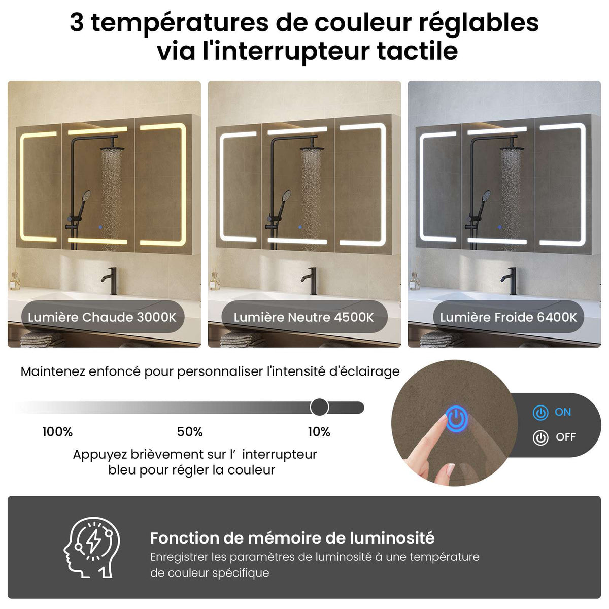DICTAC Armoire de Toilette Miroir avec éclairage LED et Prise Meuble Salle de Bain avec Rangement et Étagère Réglable