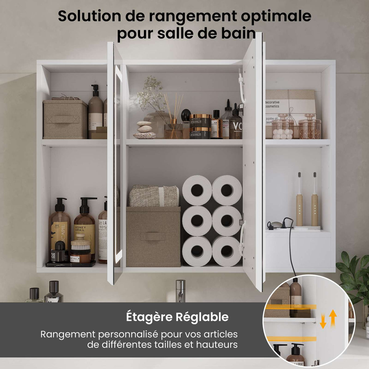DICTAC Armoire de Toilette Miroir avec éclairage LED et Prise Meuble Salle de Bain avec Rangement et Étagère Réglable