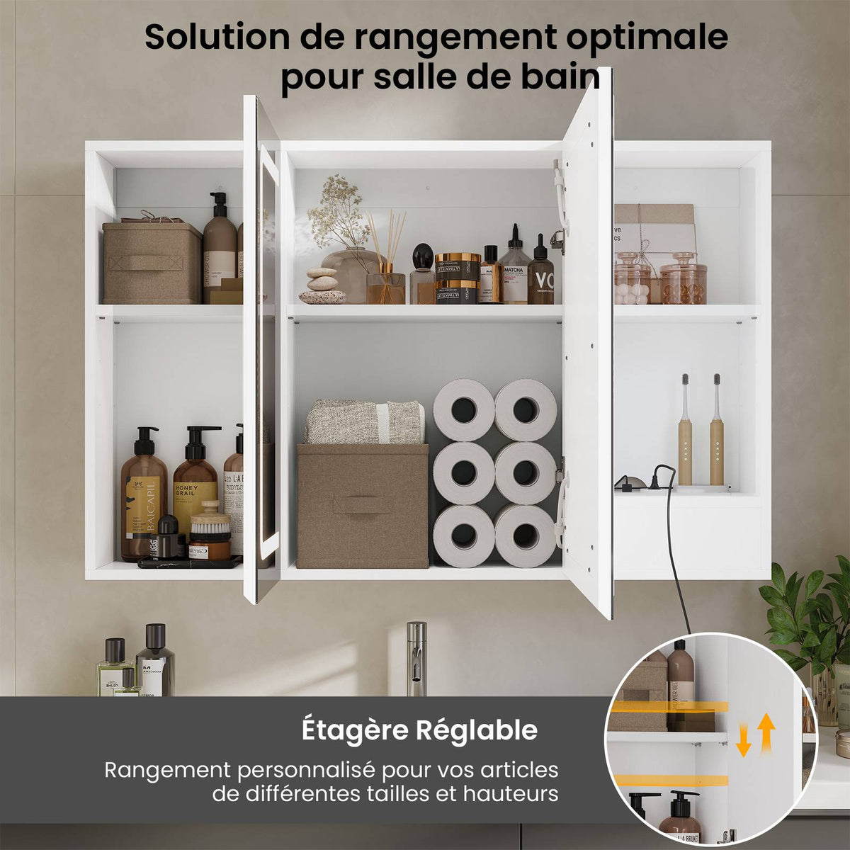 DICTAC Armoire de Toilette Miroir avec éclairage LED et Prise Meuble Salle de Bain avec Rangement et Étagère Réglable