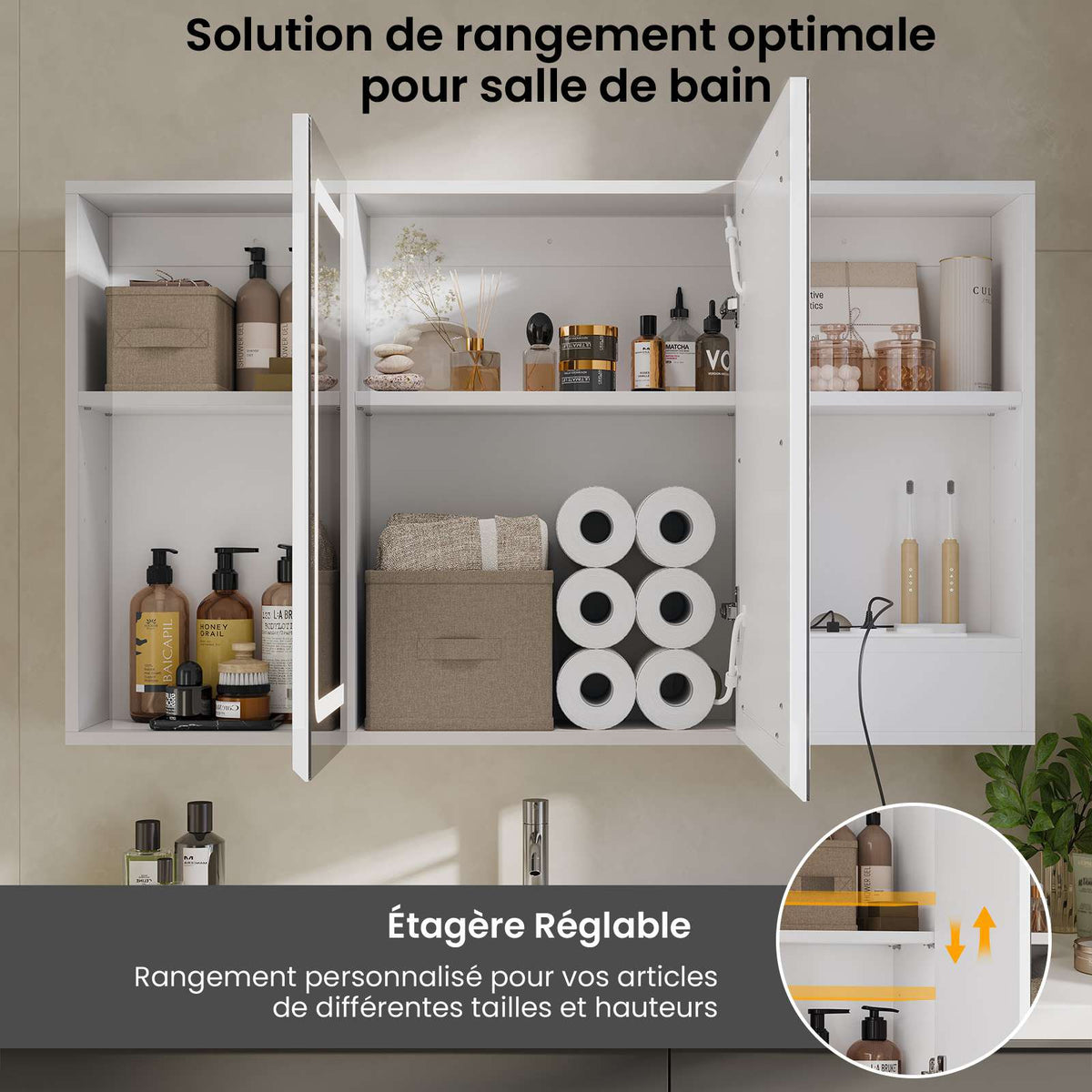 DICTAC Armoire de Toilette Miroir avec éclairage LED et Prise Meuble Salle de Bain avec Rangement et Étagère Réglable