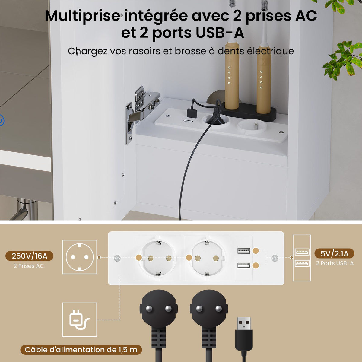 DICTAC Armoire de Toilette Miroir avec éclairage LED et Prise Meuble Salle de Bain avec Rangement et Étagère Réglable