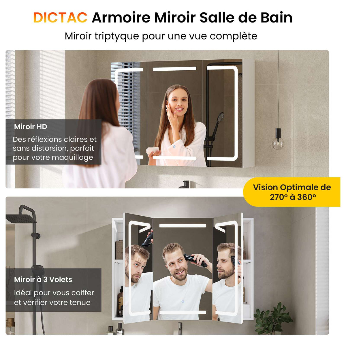 DICTAC Armoire de Toilette Miroir avec éclairage LED et Prise Meuble Salle de Bain avec Rangement et Étagère Réglable