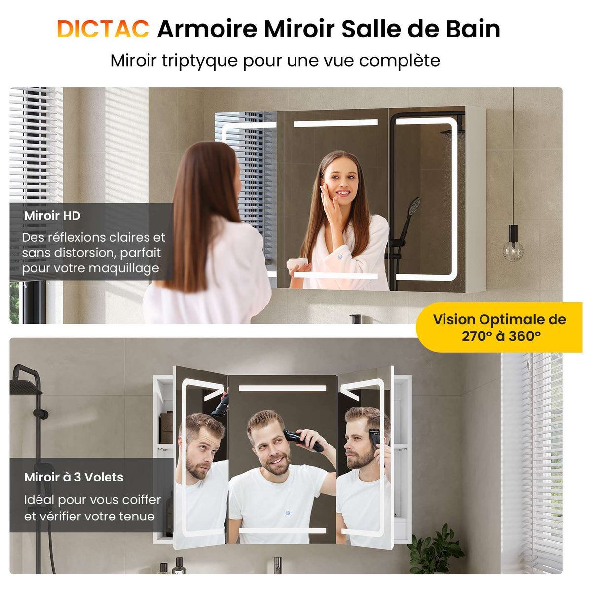 DICTAC Armoire de Toilette Miroir avec éclairage LED et Prise Meuble Salle de Bain avec Rangement et Étagère Réglable