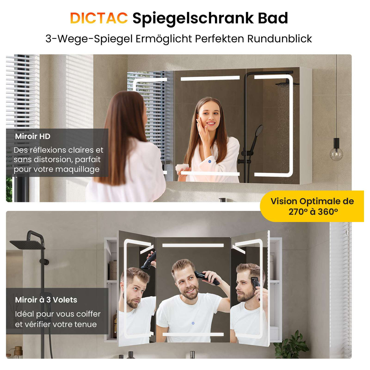 DICTAC Armoire de Toilette Miroir avec éclairage LED et Prise Meuble Salle de Bain avec Rangement et Étagère Réglable
