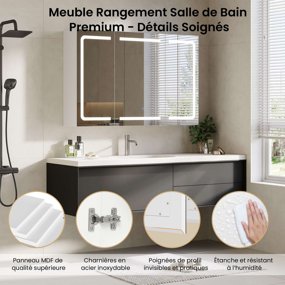 DICTAC Armoire de Toilette Miroir avec éclairage LED et Prise Meuble Salle de Bain avec Rangement et Étagère Réglable