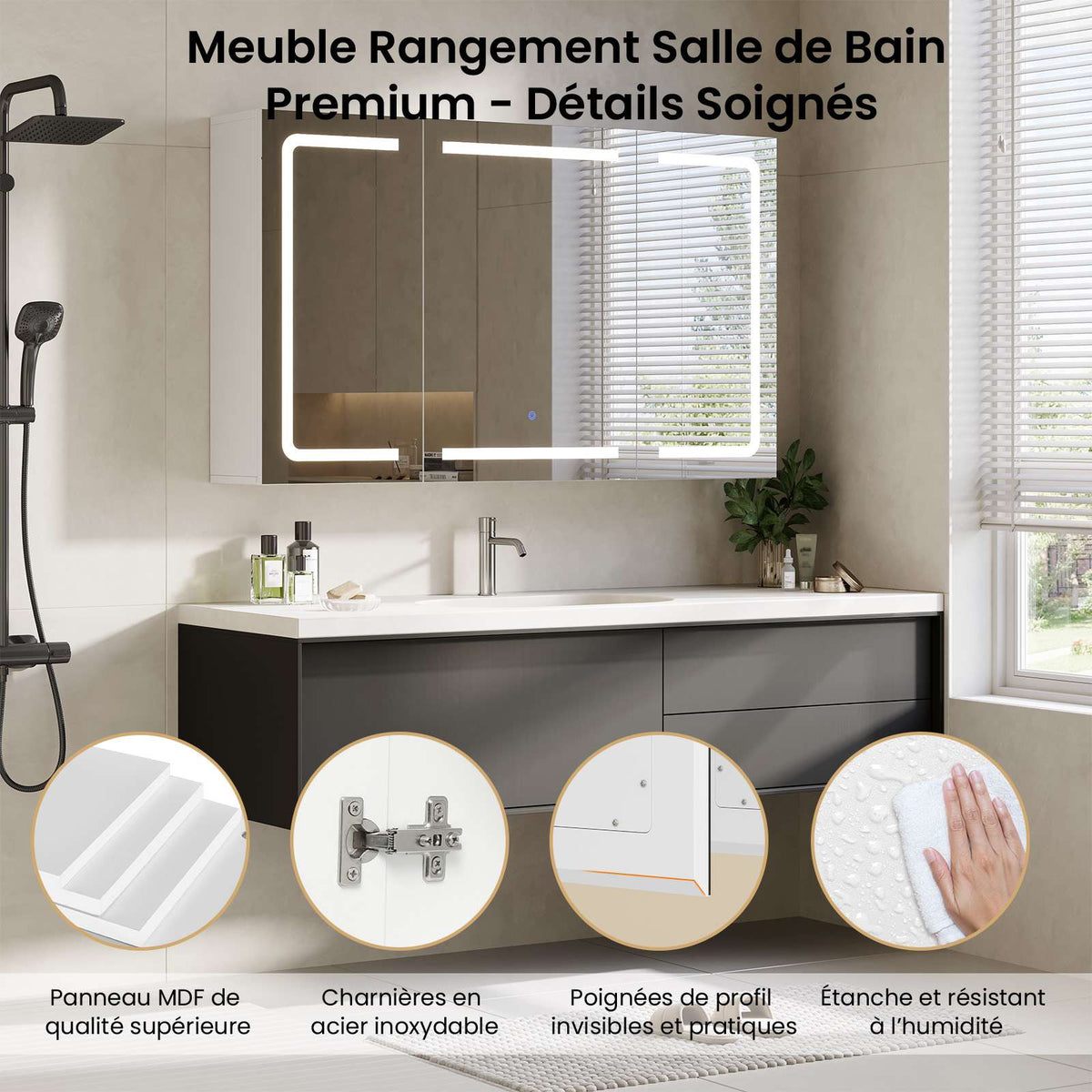 DICTAC Armoire de Toilette Miroir avec éclairage LED et Prise Meuble Salle de Bain avec Rangement et Étagère Réglable