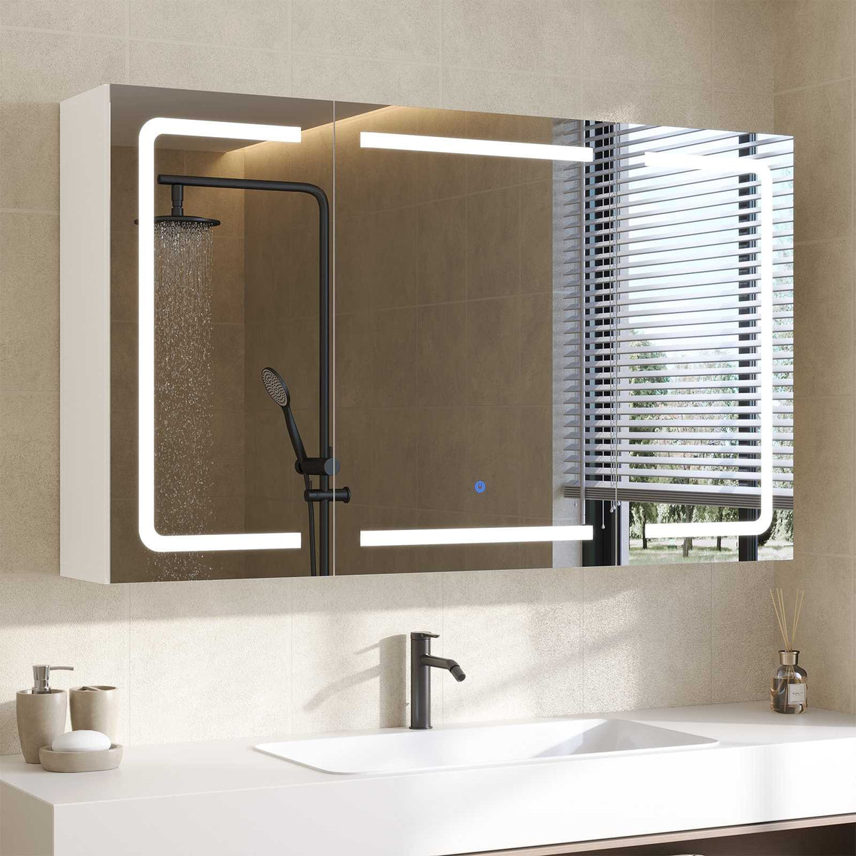 DICTAC Armoire de Toilette Miroir avec éclairage LED et Prise Meuble Salle de Bain avec Rangement et Étagère Réglable