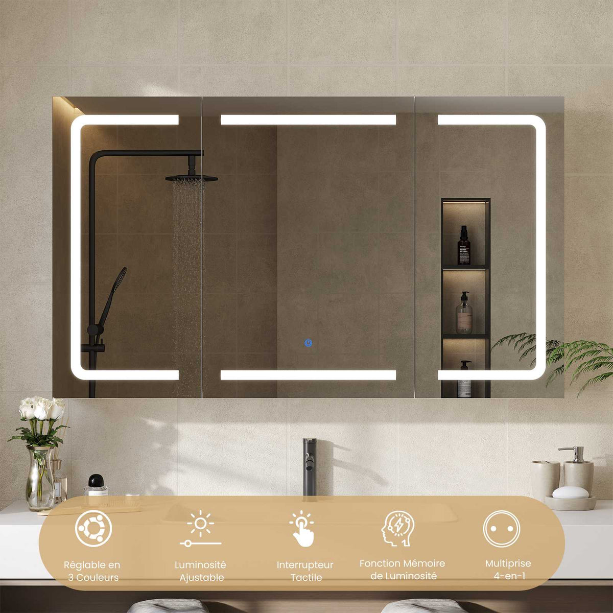 DICTAC Armoire de Toilette Miroir avec éclairage LED et Prise Meuble Salle de Bain avec Rangement et Étagère Réglable