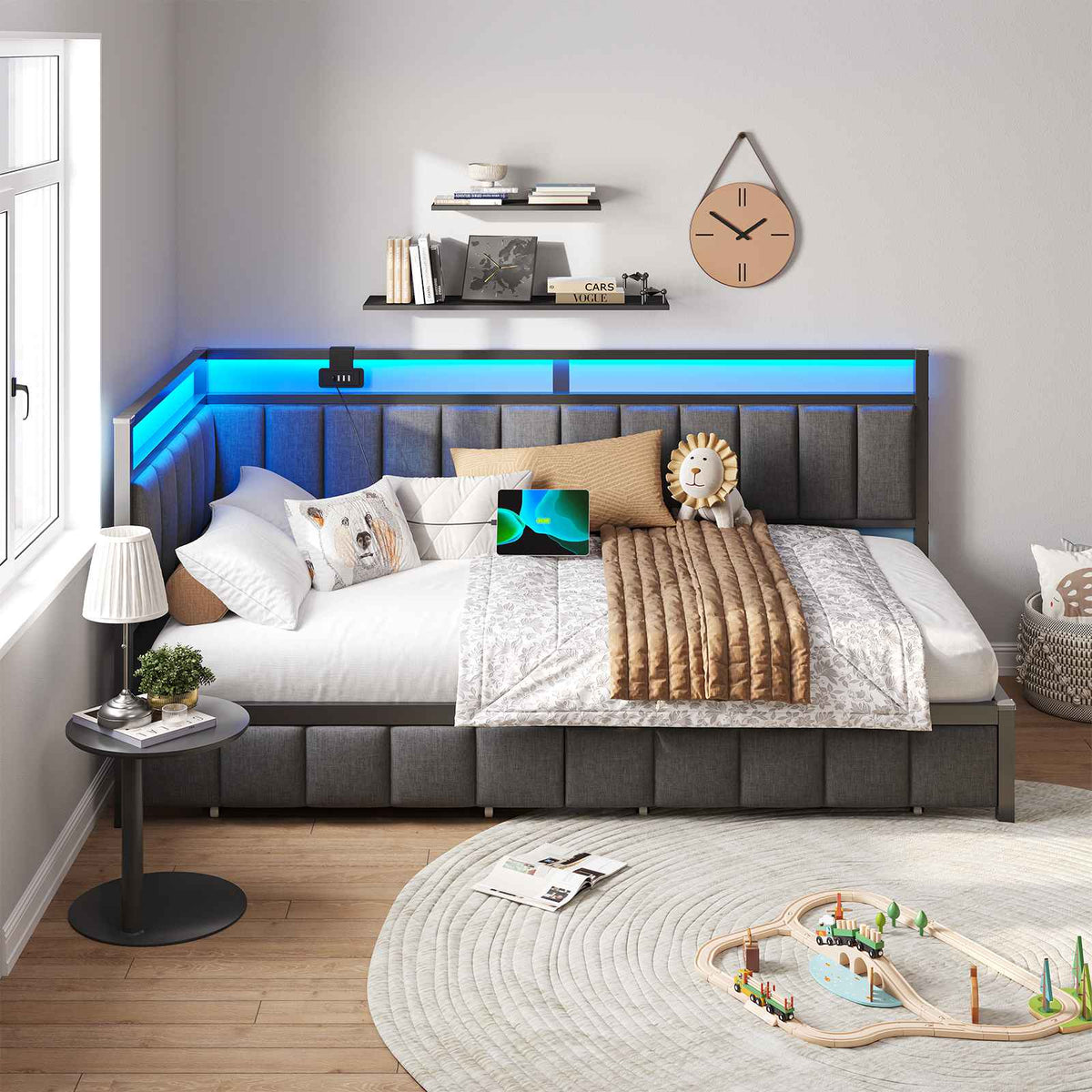 DICTAC Canapé lit avec éclairage LED et Prise USB Cadre de Lits  avec Sommier à Lattes en métal Lit Banquette Lits Coffre Lit Enfant