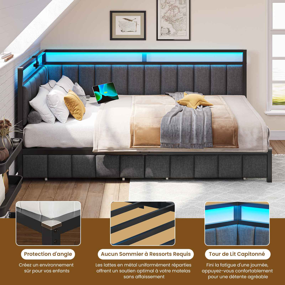 DICTAC Canapé lit avec éclairage LED et Prise USB Cadre de Lits  avec Sommier à Lattes en métal Lit Banquette Lits Coffre Lit Enfant
