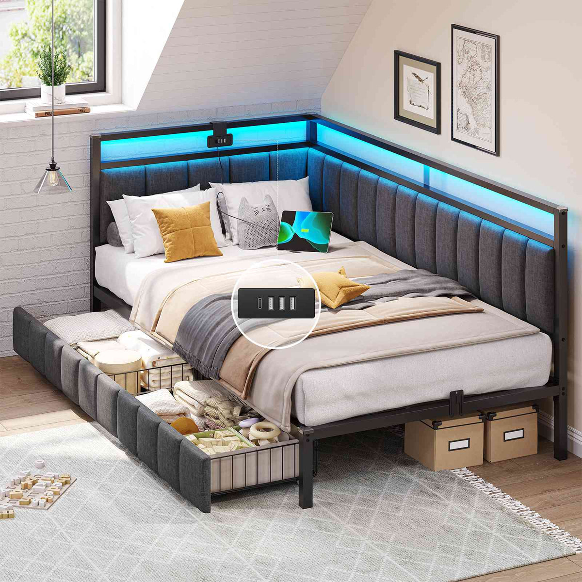 DICTAC Canapé lit avec éclairage LED et Prise USB Cadre de Lits  avec Sommier à Lattes en métal Lit Banquette Lits Coffre Lit Enfant