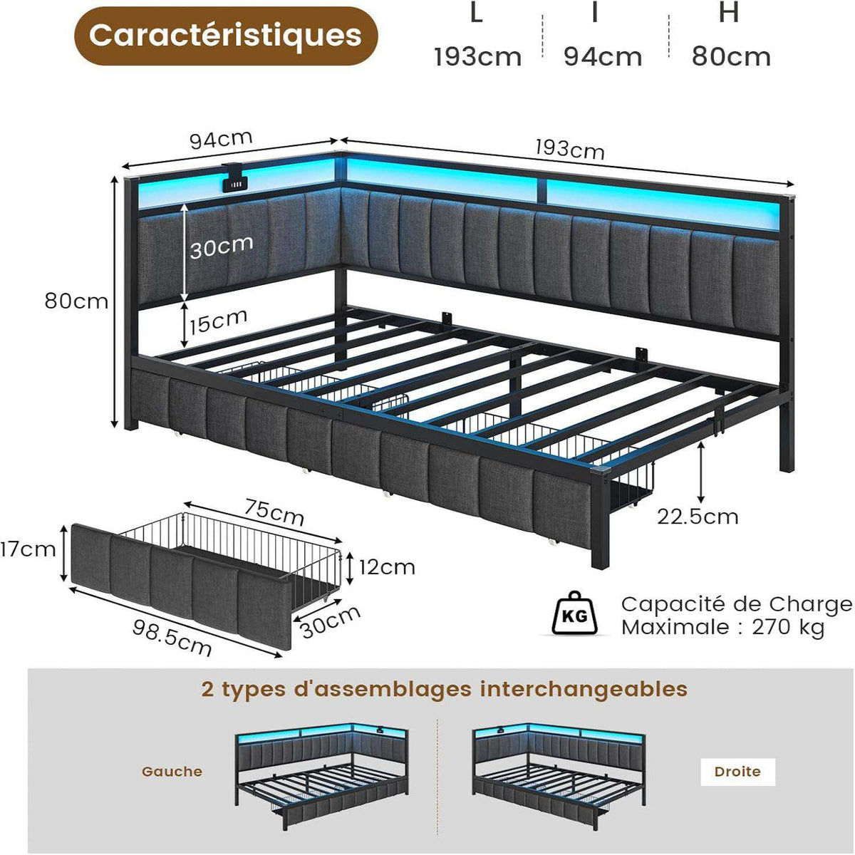 DICTAC Canapé lit avec éclairage LED et Prise USB Cadre de Lits  avec Sommier à Lattes en métal Lit Banquette Lits Coffre Lit Enfant