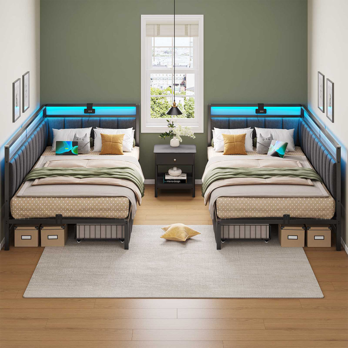 DICTAC Canapé lit avec éclairage LED et Prise USB Cadre de Lits  avec Sommier à Lattes en métal Lit Banquette Lits Coffre Lit Enfant