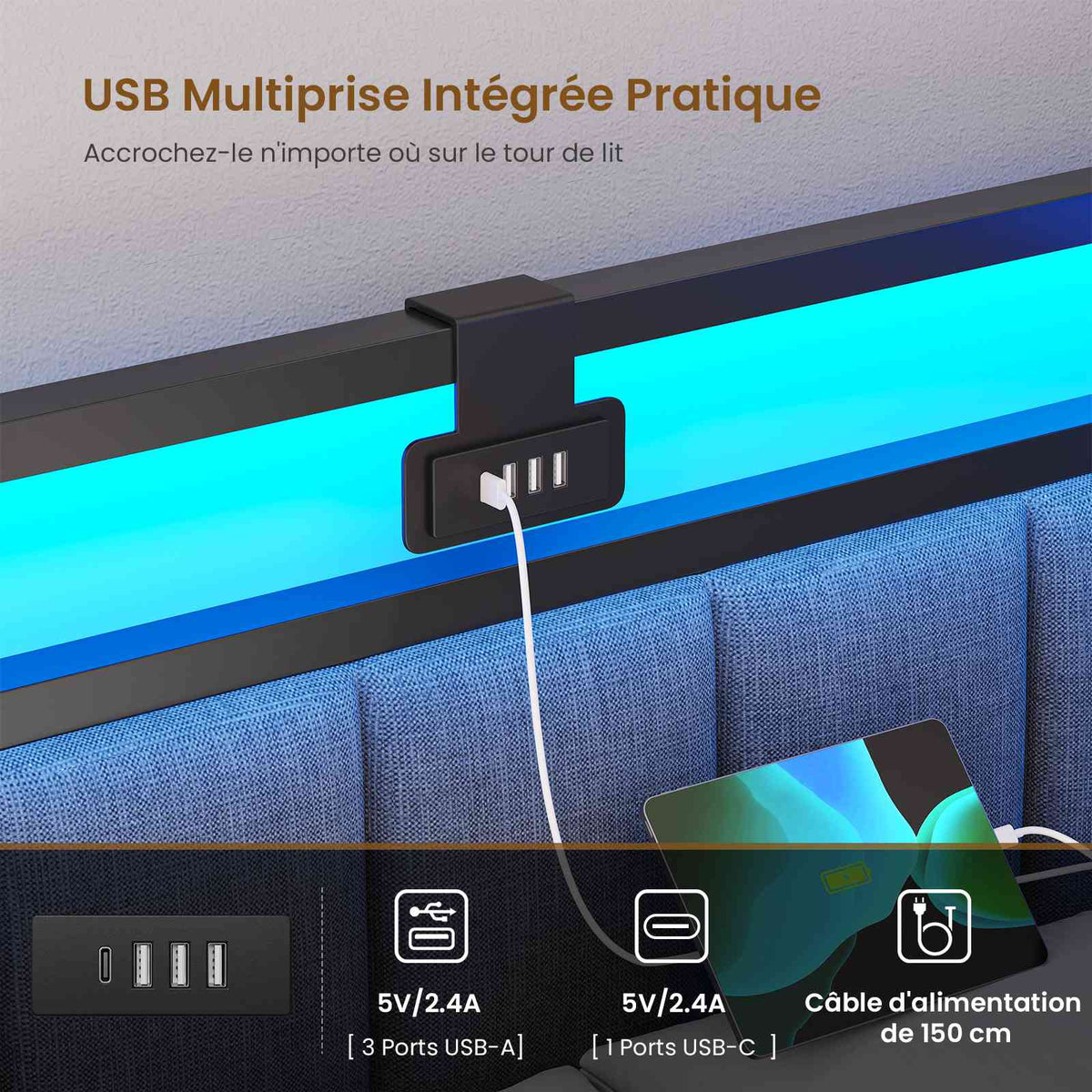 DICTAC Canapé lit avec éclairage LED et Prise USB Cadre de Lits  avec Sommier à Lattes en métal Lit Banquette Lits Coffre Lit Enfant