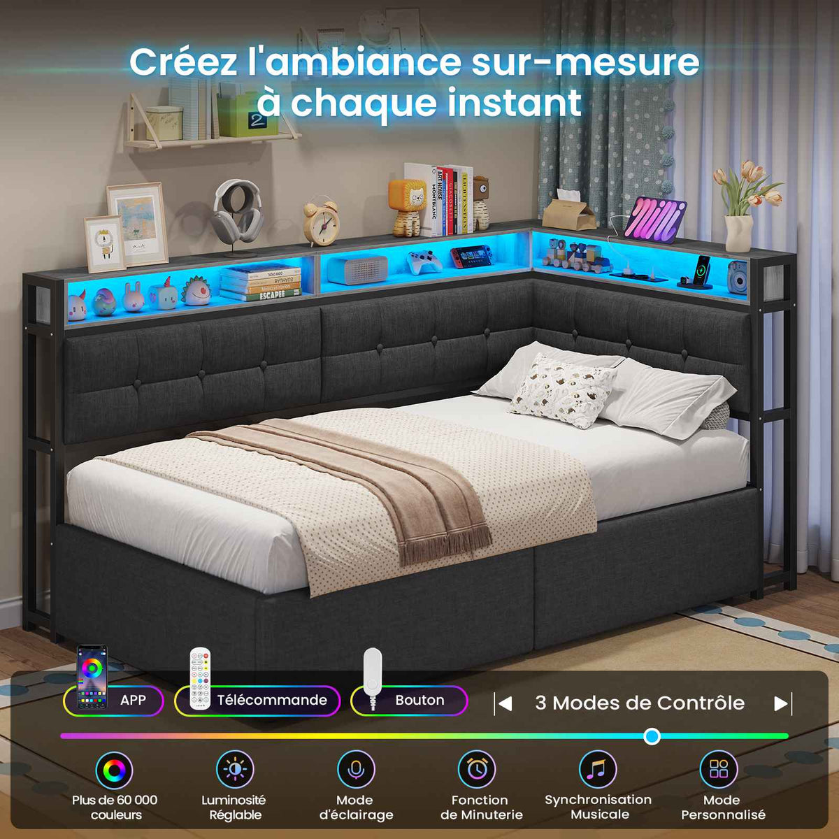 DICTAC Lit Coffre 90x200 LED Station de Charge