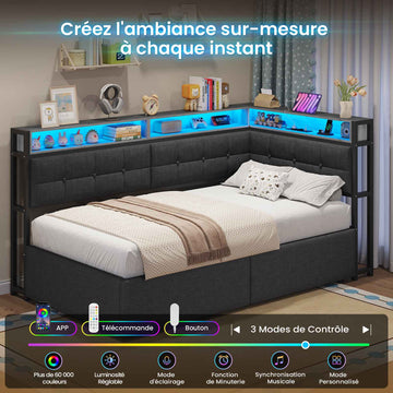 DICTAC Lit Coffre 90x200 LED Station de Charge