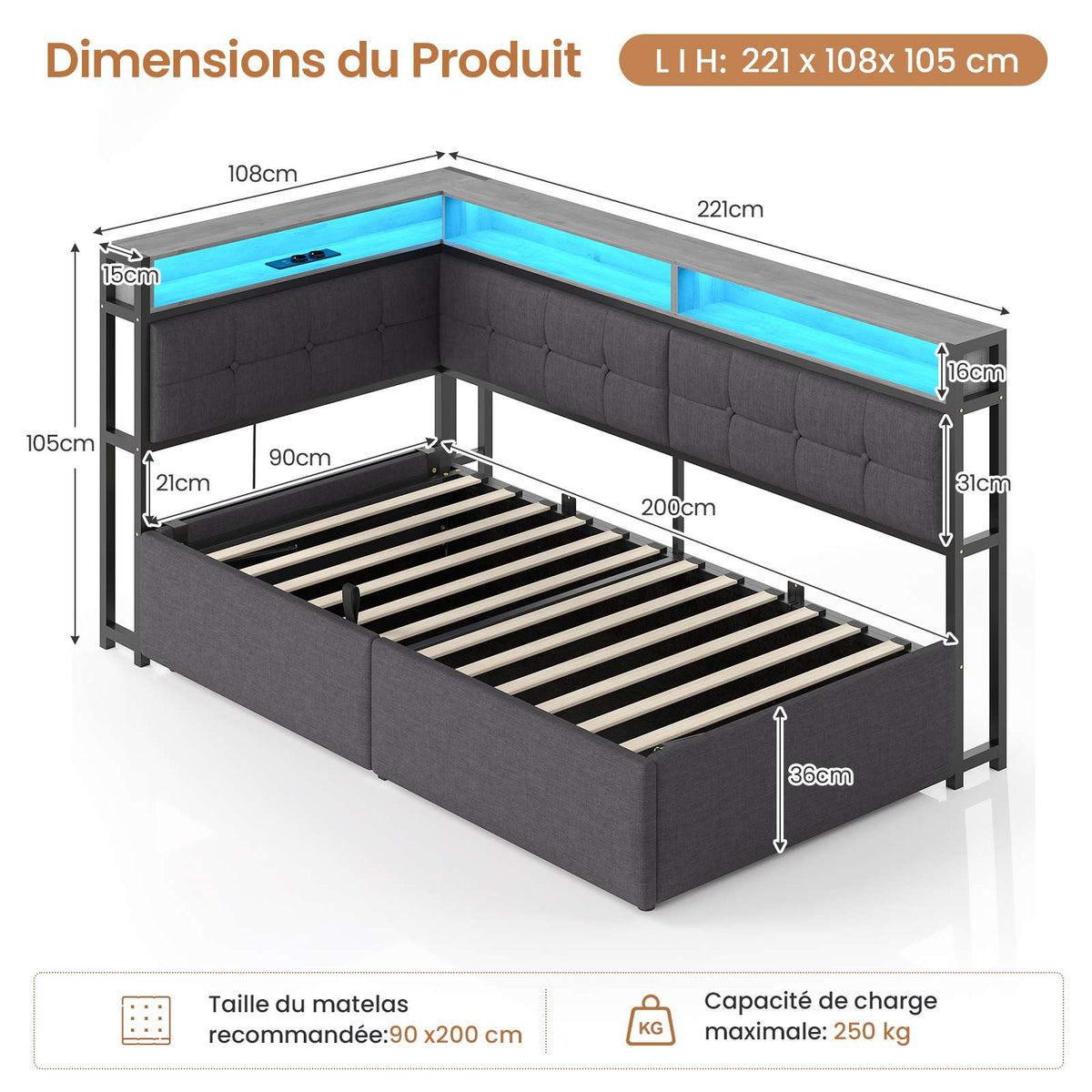 DICTAC Lit Coffre 90x200 LED Station de Charge