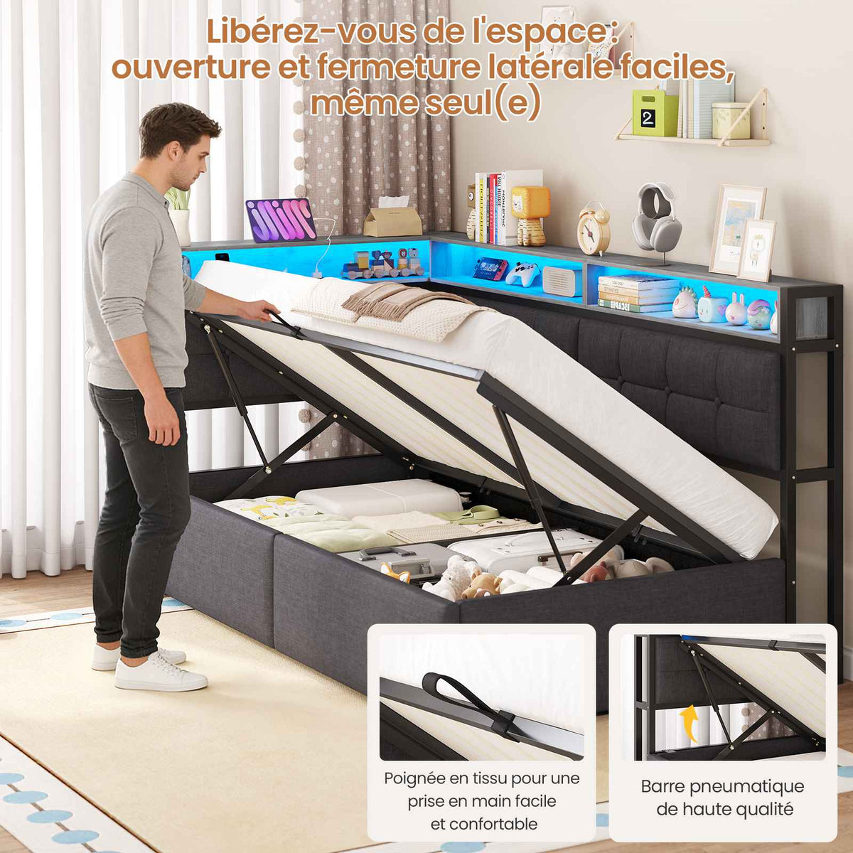 DICTAC Lit Coffre 90x200 LED Station de Charge