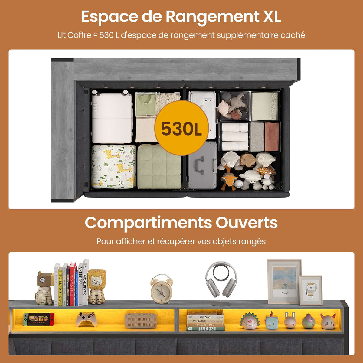 DICTAC Lit Coffre 90x200 LED Station de Charge