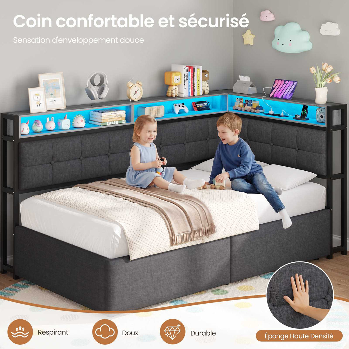 DICTAC Lit Coffre 90x200 LED Station de Charge