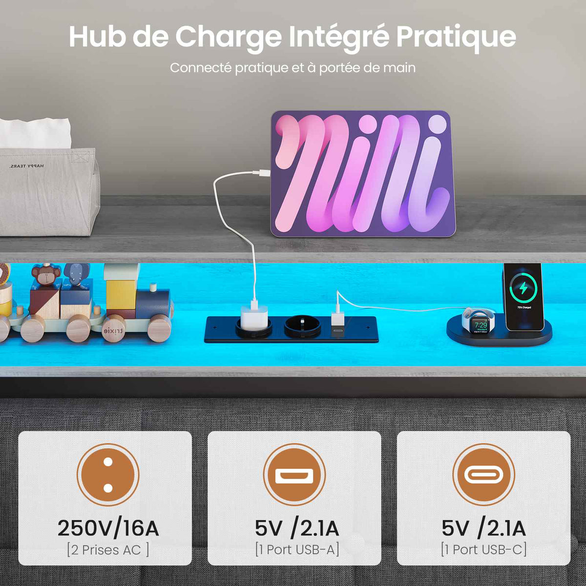 DICTAC Lit Coffre 90x200 LED Station de Charge