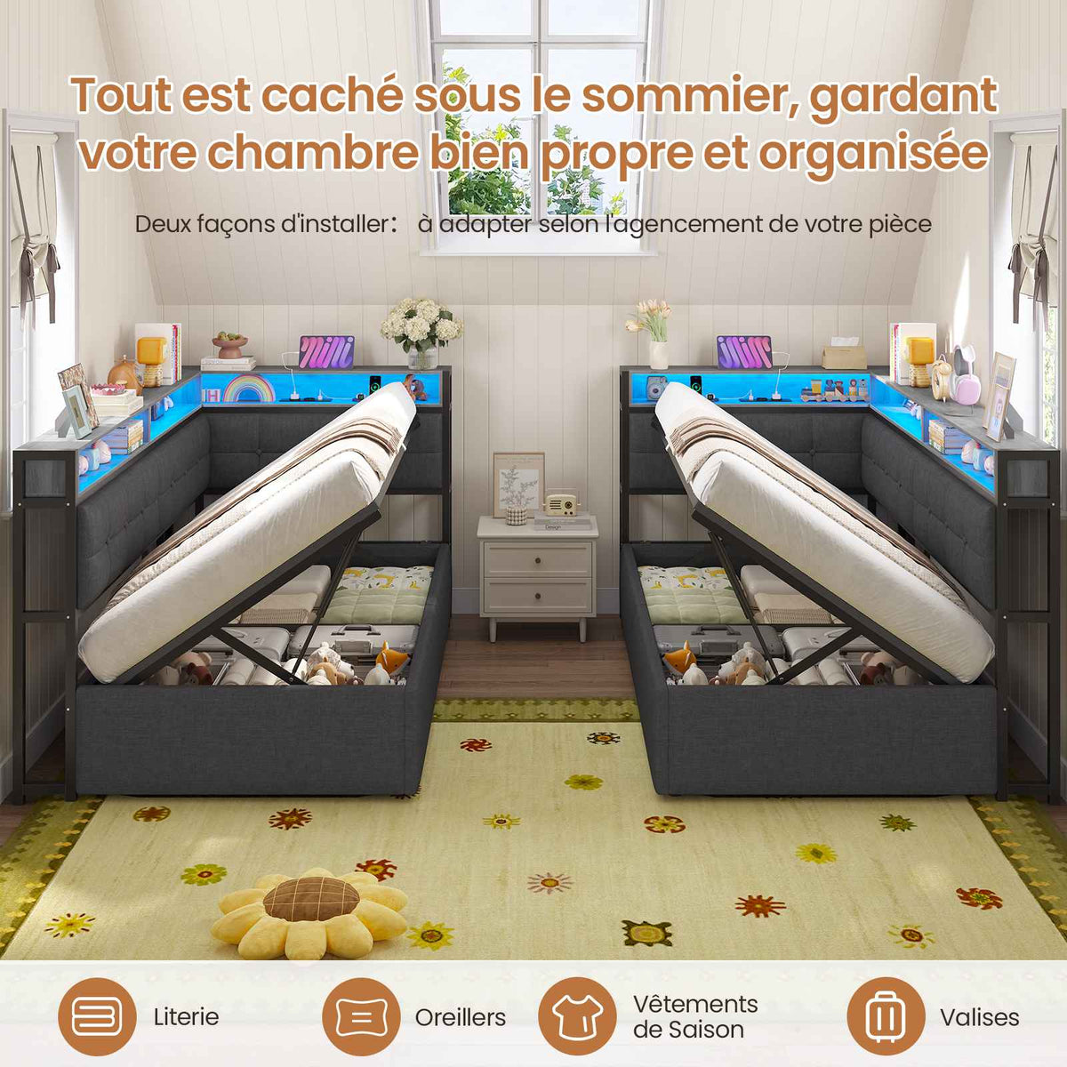 DICTAC Lit Coffre 90x200 LED Station de Charge