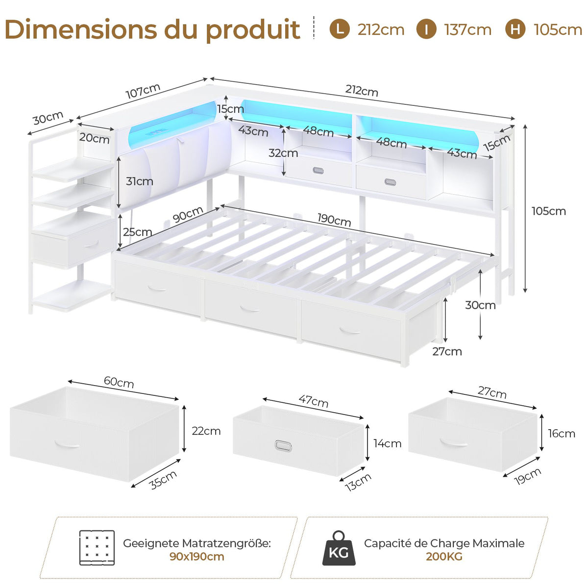 DICTAC Lit en L Banquette Lit 1 Place avec Tête de Lit Capitonnée Rangement Secret Table de Nuit Intégrée LED RGB  Recharge