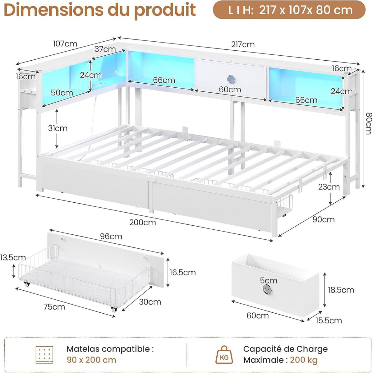 DICTAC Canapé Lit avec Rangement Éclairage LED et Prise Lit Double 2 Places avec 4 Compartiments et 2 Tiroirs