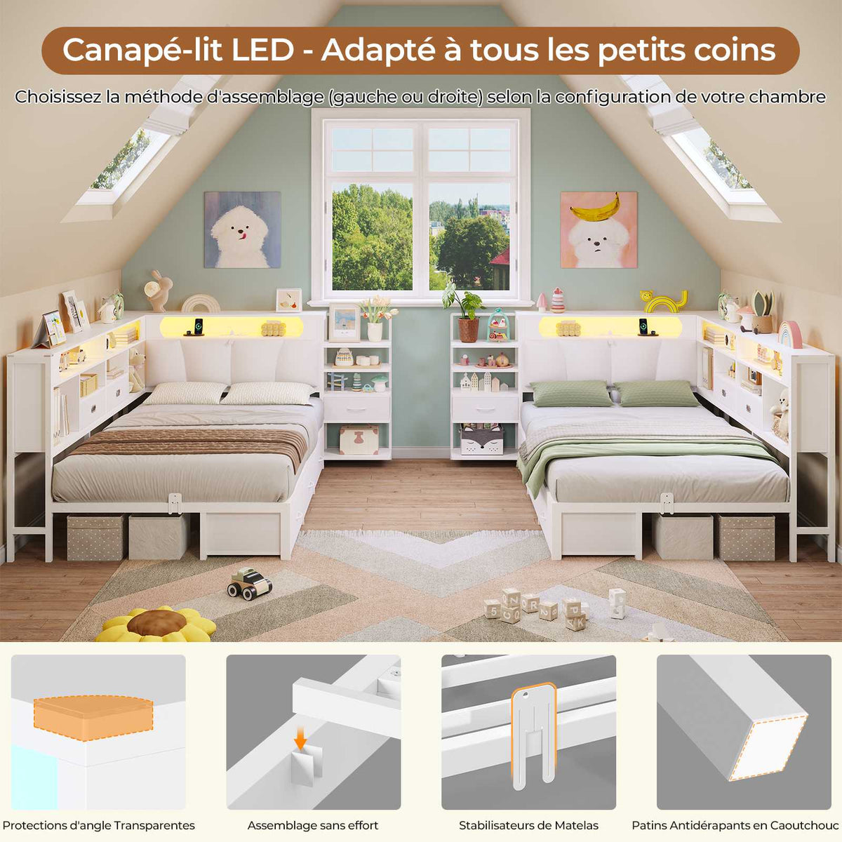 DICTAC Lit en L Banquette Lit 1 Place avec Tête de Lit Capitonnée Rangement Secret Table de Nuit Intégrée LED RGB  Recharge