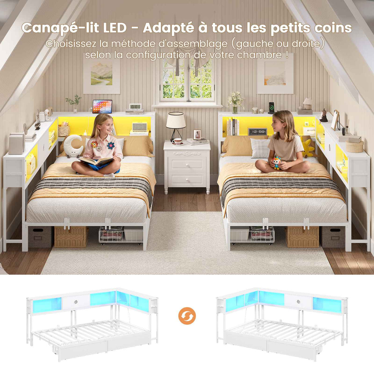 DICTAC Canapé Lit avec Rangement Éclairage LED et Prise Lit Double 2 Places avec 4 Compartiments et 2 Tiroirs