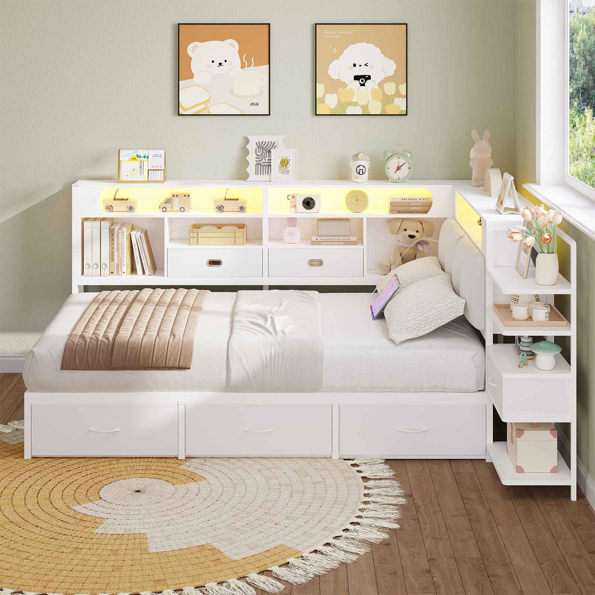DICTAC Lit en L Banquette Lit 1 Place avec Tête de Lit Capitonnée Rangement Secret Table de Nuit Intégrée LED RGB  Recharge