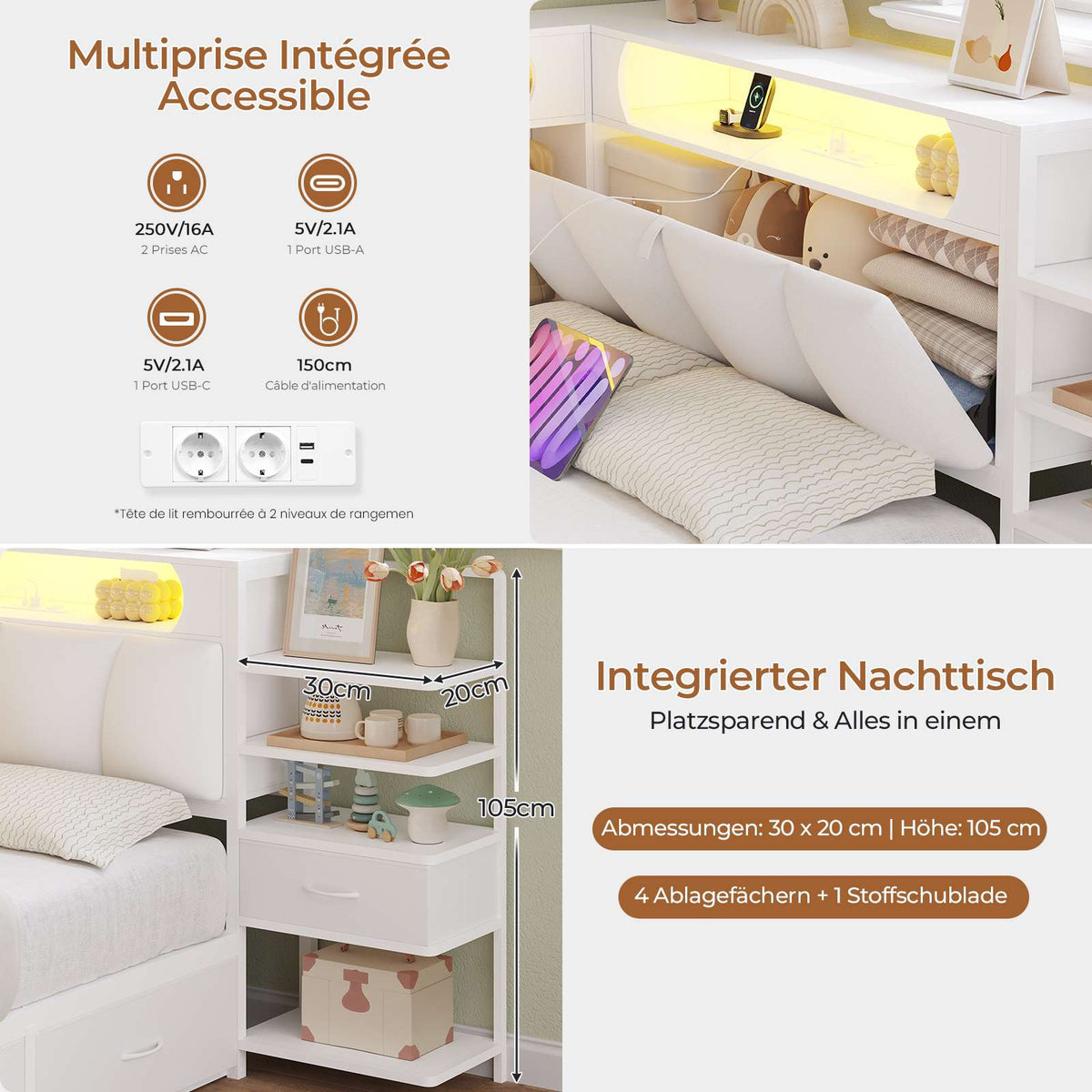DICTAC Lit en L Banquette Lit 1 Place avec Tête de Lit Capitonnée Rangement Secret Table de Nuit Intégrée LED RGB  Recharge