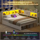 DICTAC Canapé Lit avec Rangement Éclairage LED et Prise Lit Double 2 Places avec 4 Compartiments et 2 Tiroirs