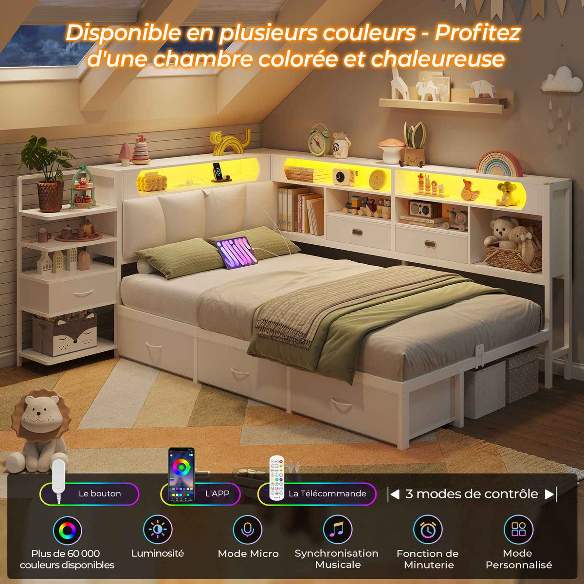 DICTAC Lit en L Banquette Lit 1 Place avec Tête de Lit Capitonnée Rangement Secret Table de Nuit Intégrée LED RGB  Recharge