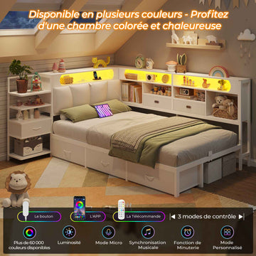 DICTAC Lit en L Banquette Lit 1 Place avec Tête de Lit Capitonnée Rangement Secret Table de Nuit Intégrée LED RGB  Recharge