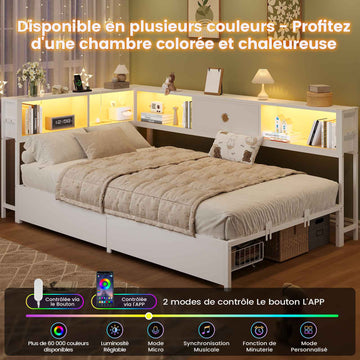 DICTAC Canapé Lit avec Rangement Éclairage LED et Prise Lit Double 2 Places avec 4 Compartiments et 2 Tiroirs