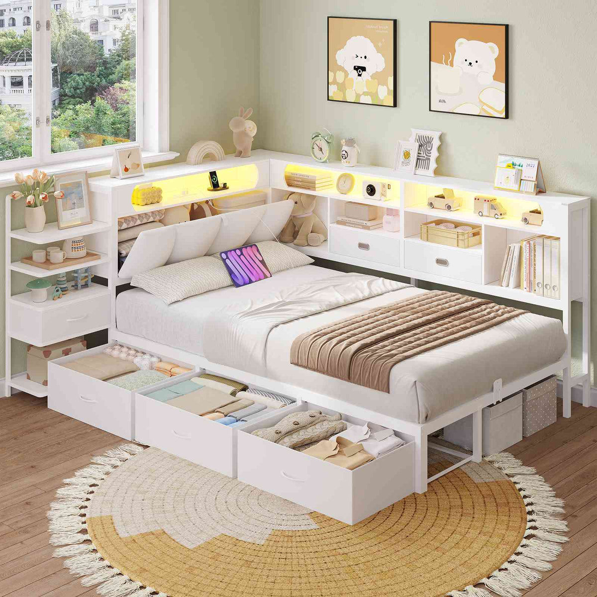 DICTAC Lit en L Banquette Lit 1 Place avec Tête de Lit Capitonnée Rangement Secret Table de Nuit Intégrée LED RGB  Recharge