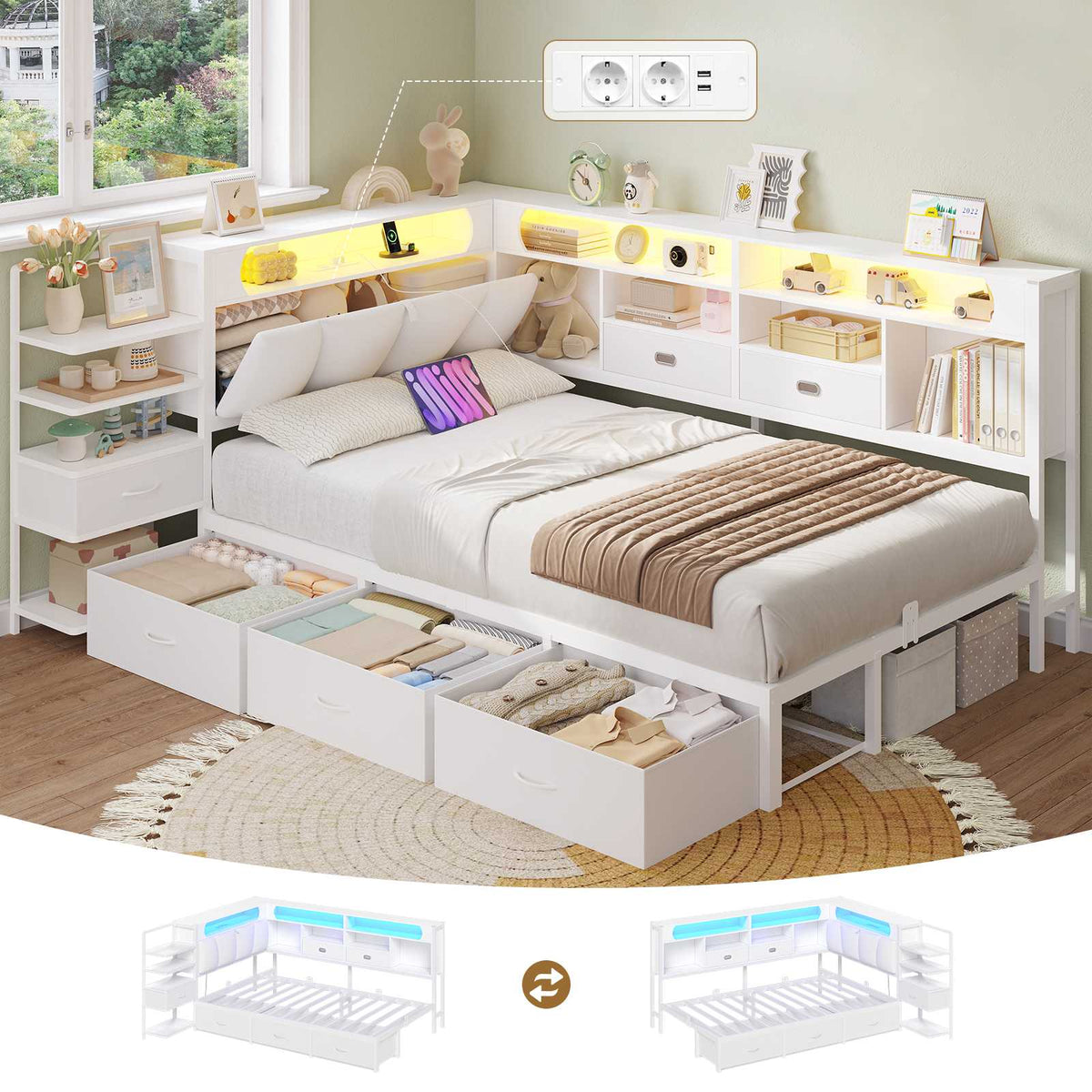 DICTAC Lit en L Banquette Lit 1 Place avec Tête de Lit Capitonnée Rangement Secret Table de Nuit Intégrée LED RGB  Recharge