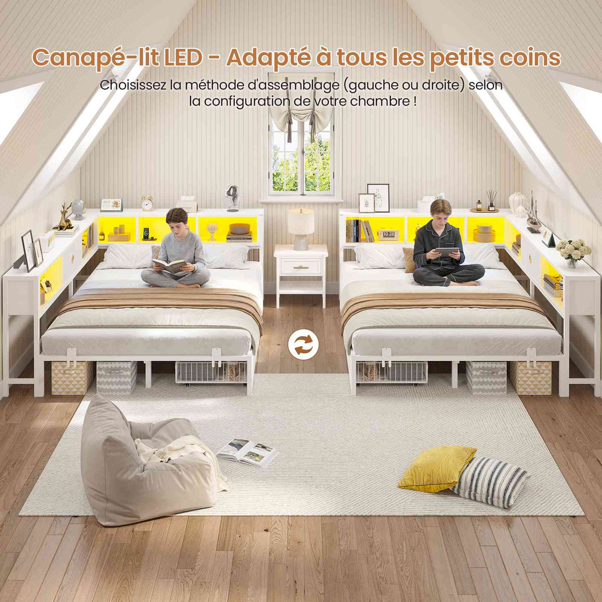 DICTAC Canapé Lit avec Rangement Éclairage LED et Prise Lit Double 2 Places avec 4 Compartiments et 2 Tiroirs
